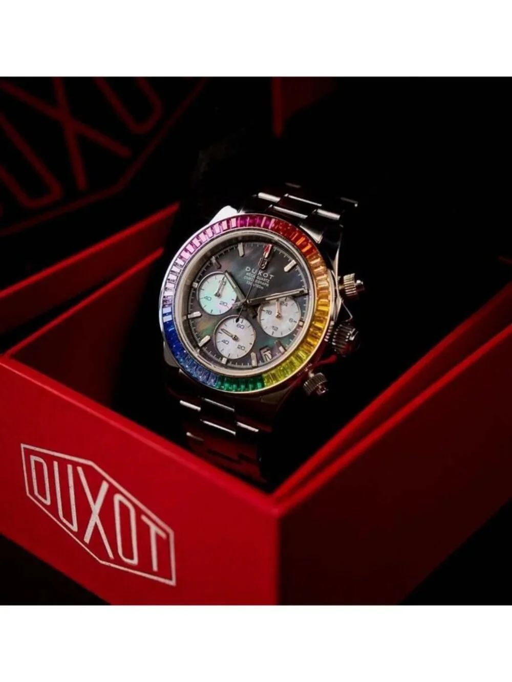 NWT Duxot Accelero Rainbow Chronograph Quartz Black Dial Men's Watch